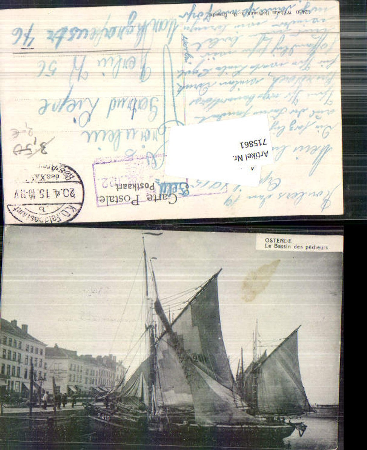 715861 Belgium Ostende Le Bassin des pecheurs Segelschiff Feldpost Berlin