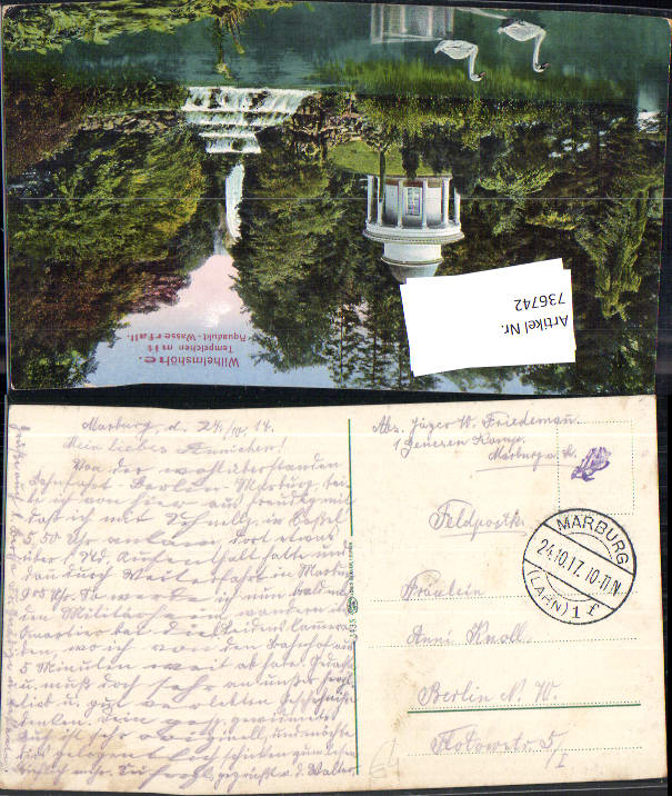 736742 K.D. Feldpost Marburg an der Lahn n. Berlin Wilhelmshöhe Kassel