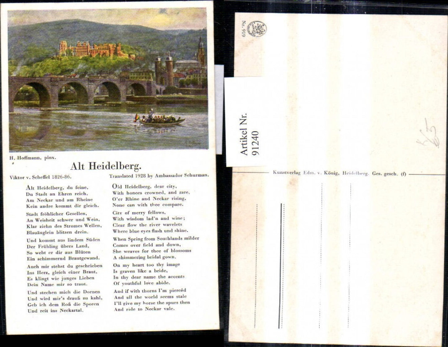 91240,Künstler Ak Heinrich Hoffmann Liedkarte Alt Heidelberg Text Brücke Schloss